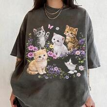 Cute Kitten Graphic T-Shirt, Vintage Cat Lover Tee, Comfort Colo*S® Washed Shirts, Retro Floral Kitty Top, Aesthetic Cottagecore Gift - Black - View 1