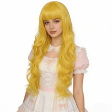 Kawaii Golden Yellow Long Wavy Synthetic Wig With Full Bangs Heat Resistant DIY Stylable Wig For Cosplay Carnival Party Daily Wear - Yellow - View 2