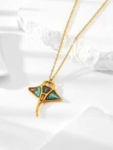 1件时尚不锈钢海洋系列项链吊坠，女士款，饰有海龟、海星、蝠鲼图案，是夏季海滩度假的理想之选 - 金黃色 - 查看 6