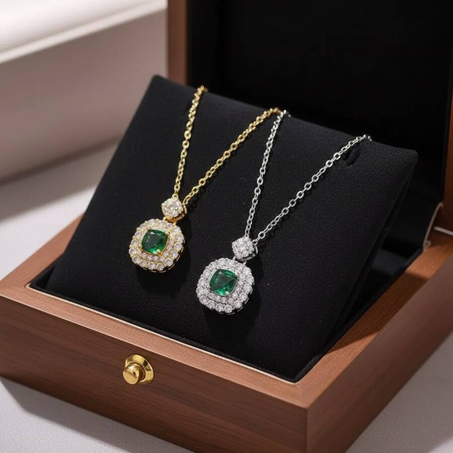 Dây chuyền mặt vuông sang trọng đính đá toàn bộ, hai lựa chọn màu sắc: xanh ngọc lục bảo và đá Cubic Zirconia. - Nhiều màu - Xem 1