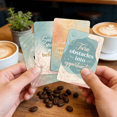 18张柔和渐变正能量语录明信片套装，采用淡雅水彩画风，印有关于梦想、勇气和进步的励志短语，非常适合日常冥想练习、桌面装饰、激励他人或作为自我关怀日记。采用优质耐用纸张印刷，为您的日常生活增添宁静祥和的氛围。