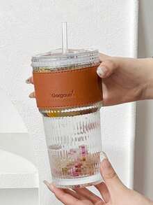 1个条纹玻璃保温吸管杯 - 20.29盎司/600毫升，可重复使用时尚杯，适用于咖啡/茶/牛奶/冰饮 - 彩色 - 查看 16