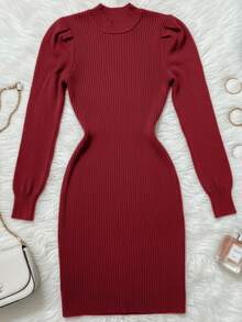 Women's Elegant Knit Dress With Long Sleeves, Princess Style, Short Bodycon, Winter/Cold Weather, Blogger Style - 紅色 - 查看 1