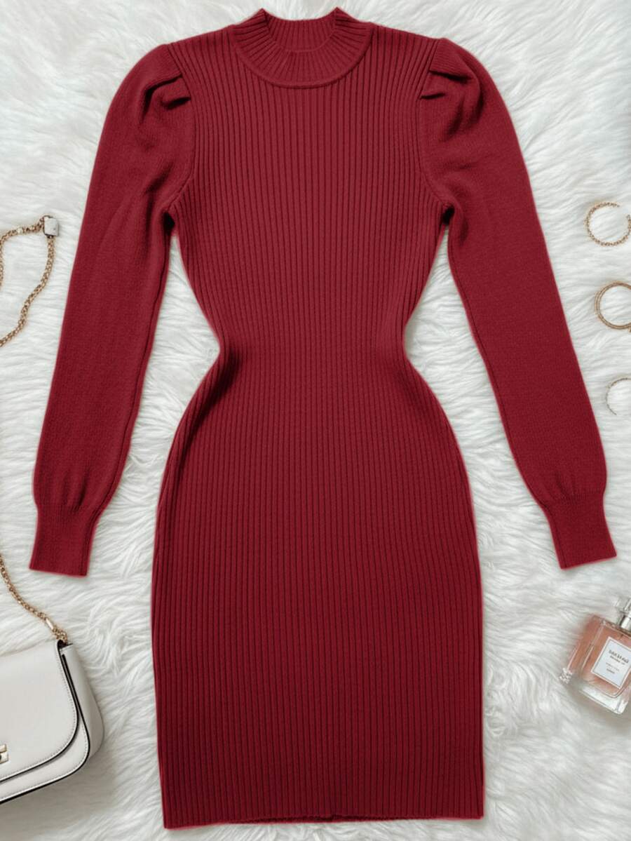 Women's Elegant Knit Dress With Long Sleeves, Princess Style, Short Bodycon, Winter/Cold Weather, Blogger Style - Đỏ - Xem 1