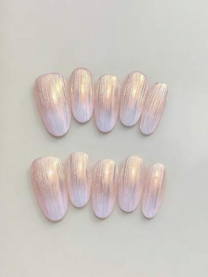 10pcs Pure Handmade Press On Nails Long Oval Nail Pink And Purple Laser And Shimmer Nails With Metallic Cute Pain Y2k Gentle Elegant For Women And Girl,Spring Summer Fall Winter,Holiday And Daily Life Use