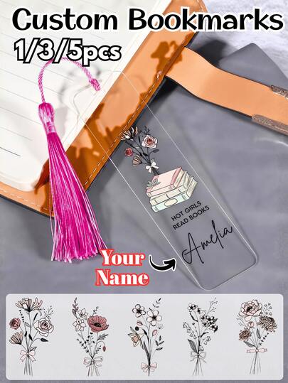 1/3/5 Piezas de marcapáginas de acrílico con flores personalizados - Marcapáginas con nombre personalizado, diseño elegante con borla, regalo único para mujeres, regalos de vuelta al colegio, patrones de estampado floral, regalos de cumpleaños y festividades, marcapáginas decorativos, marcapáginas personalizables y con estilo para amantes de los libros.
