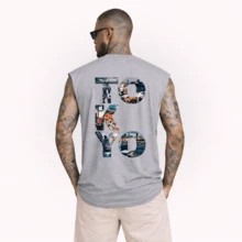 Men's Printed Tank Top, Cotton, Gym, Workout, Casual, Tokyo - Grey - View 1