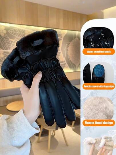 1双女士冬季防水防风保暖触屏手套，带抓绒内衬，适合骑摩托车、滑雪、徒步旅行