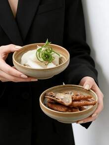 1pc Japanese Retro Ribbed Bowl & Plate Set, High-Quality Handpainted Ceramic Hot Pot Dipping Sauce Dish, Appetizer/Cold Dish Bowl, Suitable For Home, Restaurant, Snack Bowl, Gift - Brown - View 7