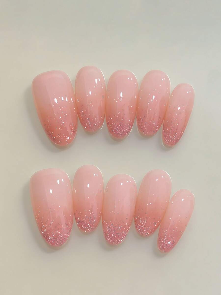 10pcs Handmade Oval Pink Nail Stickers With Cute Rhinestone Decor, Suitable For Women In Spring, Summer, Autumn And Winter, For Holiday And Daily Use - Pink - View 1