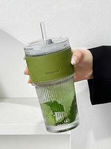 1个条纹玻璃保温吸管杯 - 20.29盎司/600毫升，可重复使用时尚杯，适用于咖啡/茶/牛奶/冰饮 - 彩色 - 查看 13