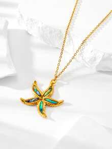 1件时尚不锈钢海洋系列项链吊坠，女士款，饰有海龟、海星、蝠鲼图案，是夏季海滩度假的理想之选 - 金黃色 - 查看 9