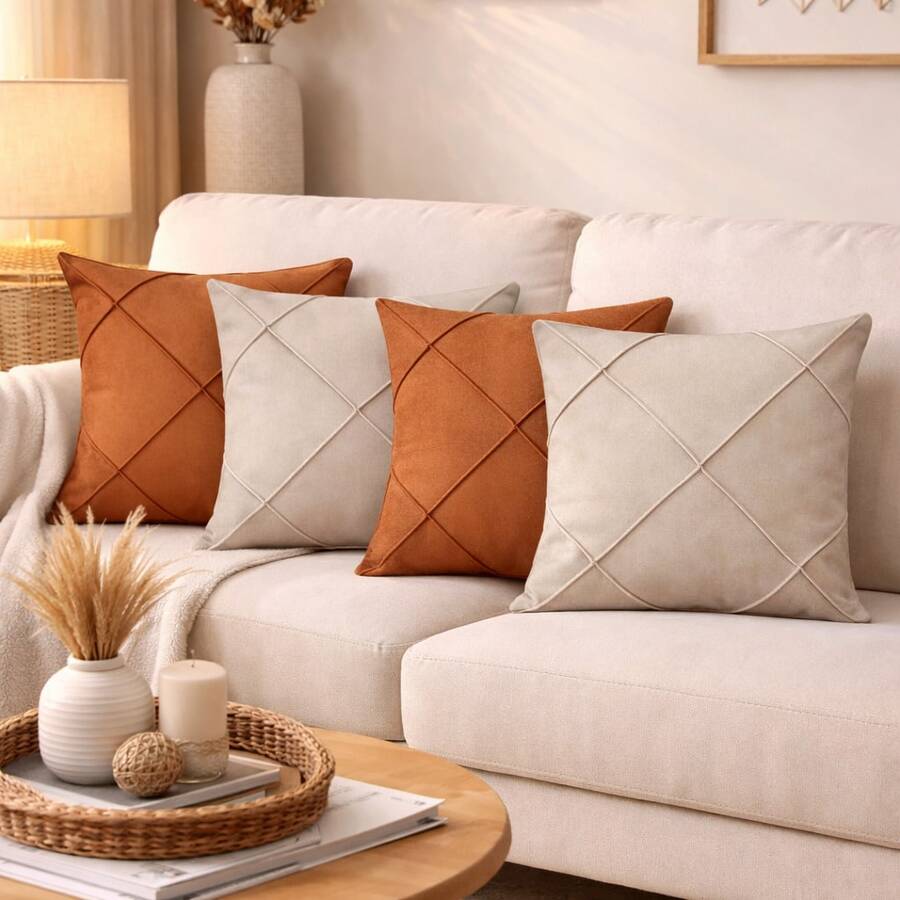 Kit Of 4 Draped Suede Cushion Covers 45x45 With Invisible Zipper - 2 Beige + 2 Terracotta - View 1