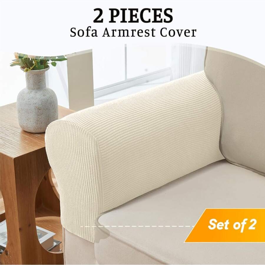 2PCS-Sofa Armrest Cover Protector - Non-Slip, Snug Fit, Vertical Striped, Cat Scratch Resistant, All-Season Washable - Beige - View 1