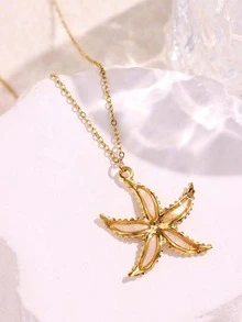 1件时尚不锈钢海洋系列项链吊坠，女士款，饰有海龟、海星、蝠鲼图案，是夏季海滩度假的理想之选 - 金黃色 - 查看 11