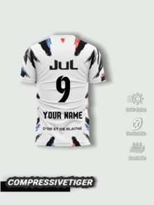 定制白色 JUL 足球球衣 | 可印制您的姓名和号码 | 嘻哈风格足球衫 | 白色底色，饰以黑色、红色和蓝色笔触设计 | 适合演唱会、足球、篮球和排球比赛以及日常穿着 | 完全可定制的都市街头服饰，是送给男友的理想夏季礼物，也适合健身和瑜伽穿着 - 白色 - 查看 2