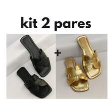 Two-Pair Set Of Stylish, Modern Women's Flat Sandals. - 黑/金 - 查看 10
