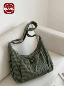 Plaid Women's Shoulder Bag, Casual Versatile Foldable Zipper Closure Adjustable Strap Tote Bag, Suitable For Daily Use, School/College Students, Simple & Cute Pleated Multi-Pocket Drawstring Front Pocket Cloth Bag - Multicolor - View 3