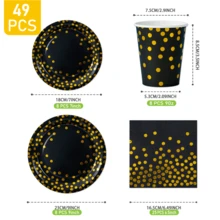 Black & Gold Polka Dot Disposable Plates, Napkins, Cups - 8 Guest Party Supplies Set, Suitable For Birthday, Wedding, Theme Party, Family Picnic - Multicolor - View 2
