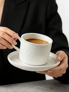 Conjunto de 1 xícara e pires com relevo em padrão de diamante branco simples, elegante louça francesa de alta qualidade para chá da tarde, xícaras e pires retrô em branco puro para leite e café, ideal para casa, restaurante, cafeteria, doceria e como presente. - Branco - Ver 1