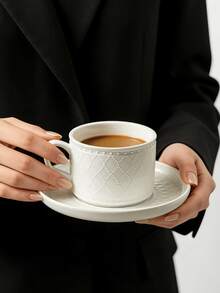 Conjunto de 1 xícara e pires com relevo em padrão de diamante branco simples, elegante louça francesa de alta qualidade para chá da tarde, xícaras e pires retrô em branco puro para leite e café, ideal para casa, restaurante, cafeteria, doceria e como presente. - Branco - Ver 5