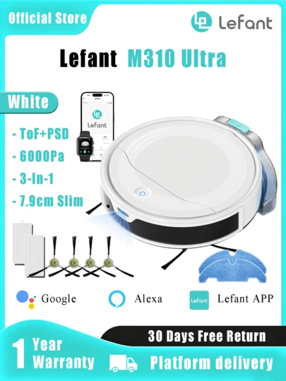  LEFANT M310 Super Robot Vacuum Cleaner, 6000Pa Super Suction, 3.1" Ultra-Thin Body, 170 Mins Runtime, 3D Navigation, APP Control, Easy Cleaning Of Pet Hair And Carpets