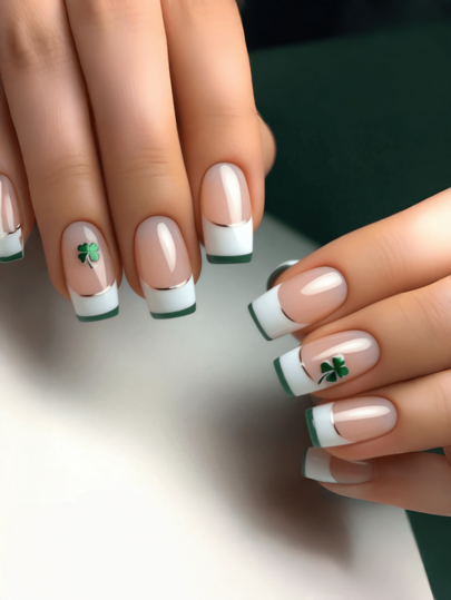 24pcs St. Patrick's Day French Clover Pattern False Nails Stickers, Y2K Style Nail Art Supplies