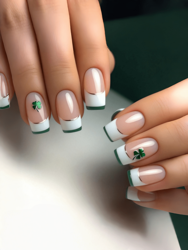 24 Pieces Of Nails French-Style Clover Pattern Design For Saint Patrick's Nails Press On Fake Nails Nails Supplies Art Y2k Nails