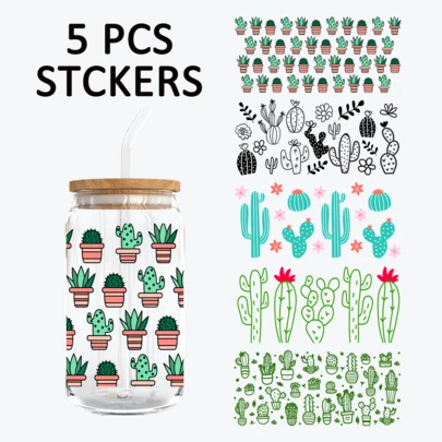 5pcs Cute Cactus Theme UV DTF Cup Stickers, Waterproof Scratch-Resistant 3D Crystal Stickers, Suitable For 16oz Glass Cups, Mugs, Crafts, Great For Decorating Personal Items! (4.3in X 9.4in)