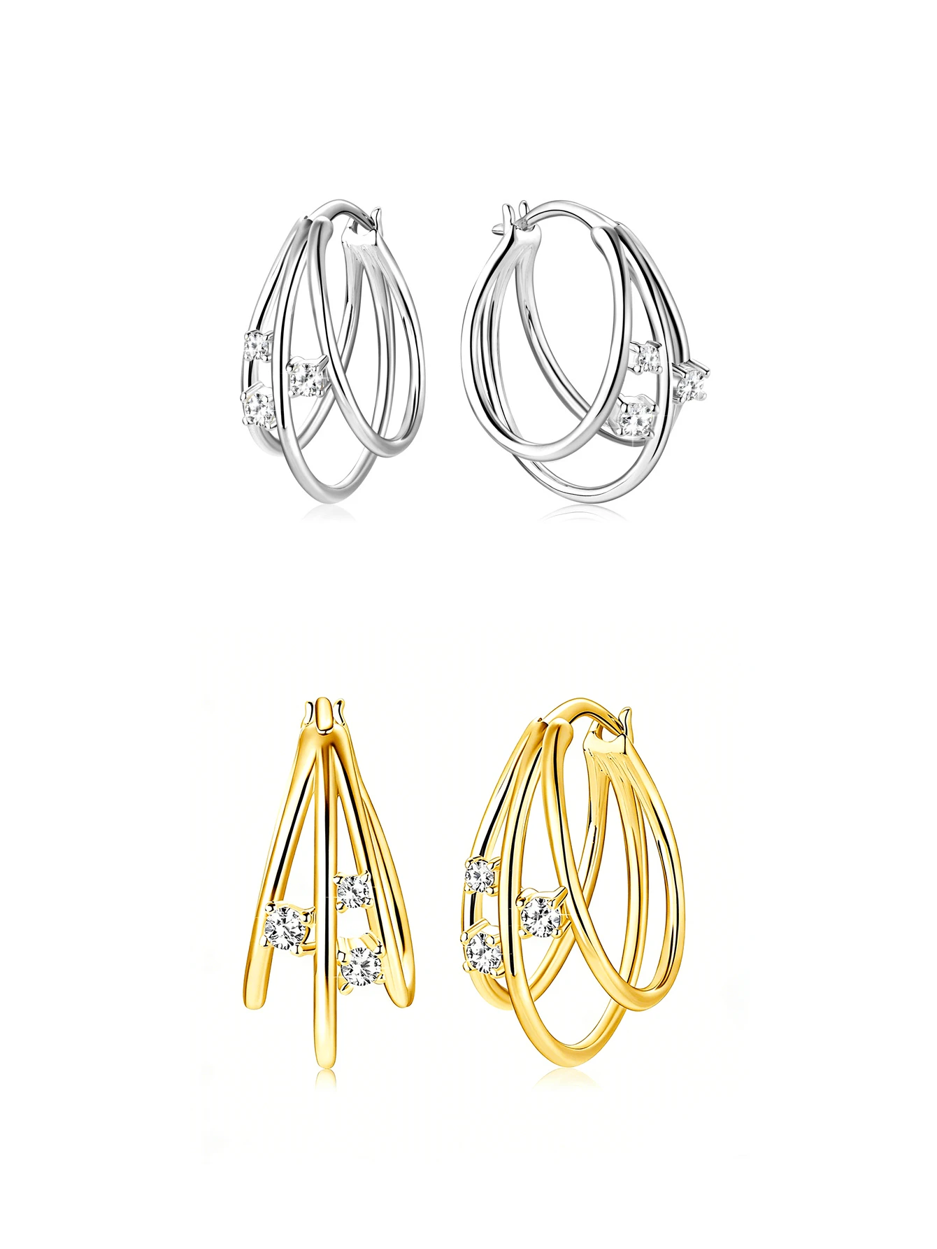 925 Sterling Silver Triple Circle Hoop Earrings, Cubic Zirconia Luxury Sparkle, Gift For Valentine's Day, Party Wear, Comes With Gift Box - Multicolor - View 1