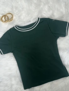 Women's Short Sleeve Blouse In Plain Ribbed Fabric With Round Neck And Collar And Sleeve Details - xanh quân đội - Xem 4