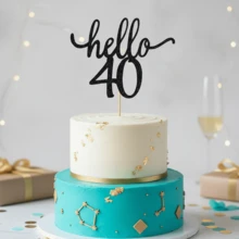 1个闪亮“Hello 40”生日蛋糕装饰插牌，优雅黑色闪光甜点装饰，适用于40周年纪念派对，美观的蛋糕装饰牌，可用作拍照道具 - 彩色 - 查看 7