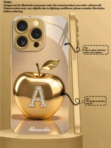 1pc Customizable 26 Letters & Name Design With Fashionable Metal Apple Pattern Tempered Glass Material Phone Case, Compatible With IPhone17 ProMax/17Air/16 ProMax/15 Pro/14 Plus/13 Pro/12 Pro Max/11/Xs Max/8/7/6 Plus, S24 Ultra/S25 Ultra/A12, High-End Business Customization, Best Gift For Boyfriend, Girlfriend And Family - Gold - View 10
