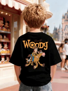 Disney Clothing, This Boy's T-Shirt Features A Double-Sided Toy Story Cartoon Letter Design. This Soft And Breathable Short Sleeved Round Neck T-Shirt Is Perfect For Spring And Summer Wear, Making It An Ideal Choice For Daily Wear, Vacation And Leisure, Outdoor Exploration, School Life, And Shopping Trips. It Is Also An Excellent Gift For The Same Boy And Girl. Every Child Deserves One. - 黑色 - 查看 3