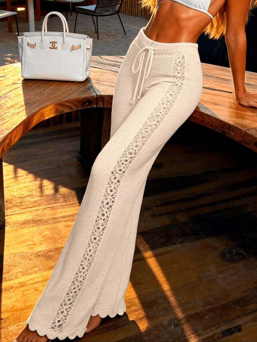 Women's Beach Cover-Up Pants, High Waist, Elegant, Cutout, Premium Knit Crochet, Summer Fashion - 沙 - 查看 1