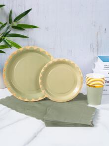 8pcs Sage Green & Gold Rim Disposable Plates, Napkins, Cups Set, One-Time Party Supplies Suitable For Birthday, Wedding, Theme Party, Family Picnic - Multicolor - View 3