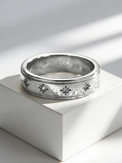 Charm-In 미니멀리스트 실버 톤 솔리드 밴드 반지, 라인스톤 스타 장식 실버 톤 스타리 반지, 버서타일 통근 손가락 반지