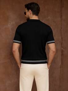 ALTZTAR 男士 Polo 领短袖条纹纯色拼接休闲针织衫 - 黑色 - 查看 2