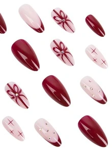 24pcs Medium Almond Shaped Full Cover False Nails - Vintage Elegant & Modern Minimalist, Classic New Year Burgundy With Romantic Valentine's Day Vibe, Decorated With Burgundy Satin Bow Tie, Starburst Pattern With Rhinestones, And Burgundy French Tips Nail Supplies - Burgundy - View 2