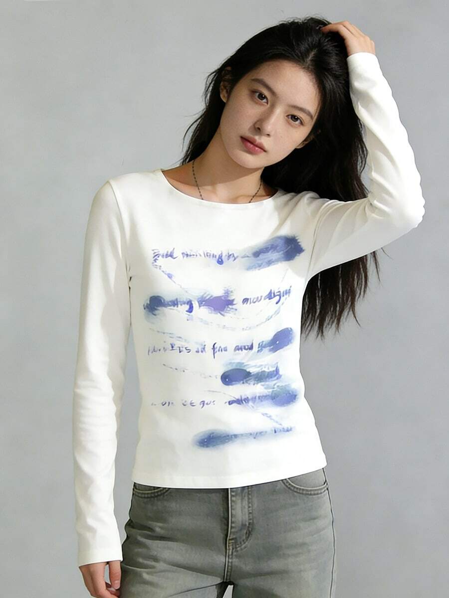 Polyester Letter Print Long Sleeve T-Shirt, Sports, Casual, Street Style, Spring/Autumn - White - View 1