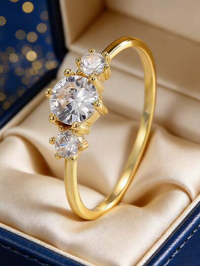 Women's Gold-Plated Cubic Zirconia Ring, Gradient 3-Stone Design, Round Cut Zirconia, Slim Smooth Band, Minimalist Elegant Style, Suitable For Daily Wear, Versatile, Great Birthday Gift For Fashion Lovers