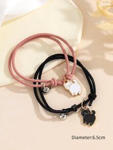 2条装时尚黑粉猫咪鱼骨磁性可爱友谊情侣手链 - 彩色 - 查看 3