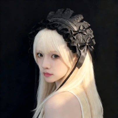 1件便携式可爱蕾丝洛丽塔风格发箍，缎带系带设计，黑色蝴蝶结，拱形发箍形状，褶皱蕾丝细节，装饰配饰，洛丽塔风格蕾丝发饰，发箍