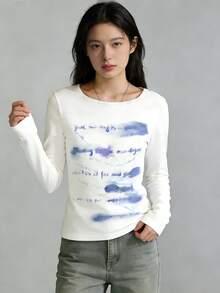 Polyester Letter Print Long Sleeve T-Shirt, Sports, Casual, Street Style, Spring/Autumn - White - View 4