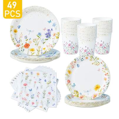 1 Set Floral & Butterfly Disposable Plates, Napkins, Cups, Suitable For 8 Guests, One-Time Party Supplies, Fit For Birthday, Wedding, Theme Party, Family Picnic