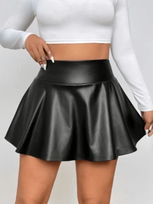 MOOD WOOD Plus Size Women's Fall/Winter Valentine's Day Hot Girl Style High-Waisted PU Leather Skirt Anti-Exposure Lining With Pockets A-Line Pleated Skirt Pure Desire Style Slimming And Versatile Black Leather Skirt - màu đen - Xem 4