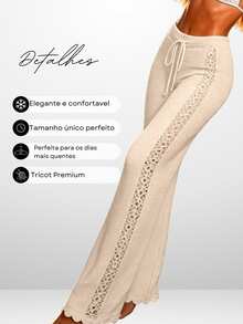 Women's Beach Cover-Up Pants, High Waist, Elegant, Cutout, Premium Knit Crochet, Summer Fashion - 沙 - 查看 4