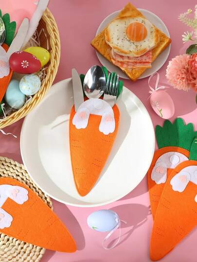 2/4pcs Easter Carrot Felt Cutlery Holder Set - Felt Carrot-Shaped Knife And Fork Bag With Bunny Details, For Festive Party Table Decorations, Easter Table Decor | Charming Table Setting, Bunny Accessories