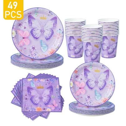Purple Flower Butterfly Crown Disposable Plates, Napkins, Cups - One-Time Party Supplies Set, Suitable For 8 Guests, Disposable Paper Plates Party Tableware For Birthday, Wedding, Theme Party, Family Picnic