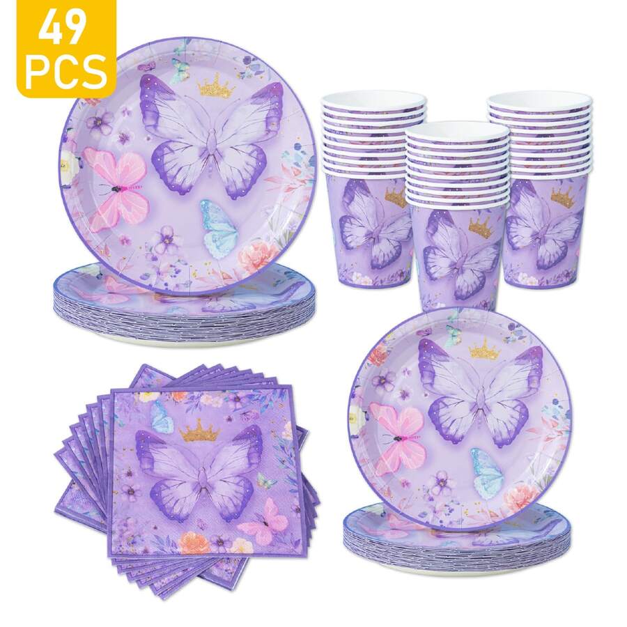Purple Flower Butterfly Crown Disposable Plates, Napkins, Cups - One-Time Party Supplies Set, Suitable For 8 Guests, Disposable Paper Plates Party Tableware For Birthday, Wedding, Theme Party, Family Picnic - Multicolor - View 1